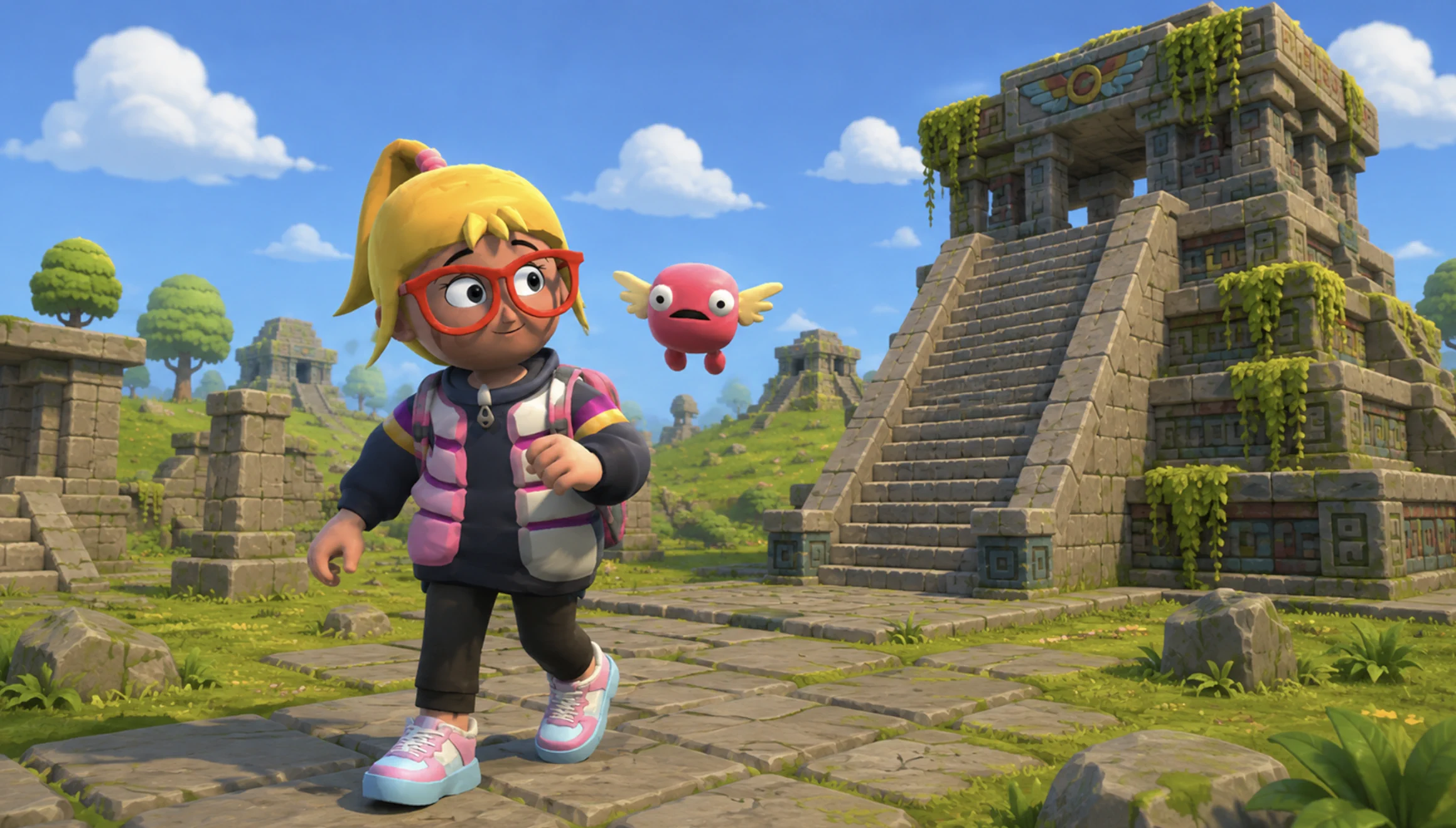A 3D animated character with a backpack and a flying companion exploring ancient ruins in a game world