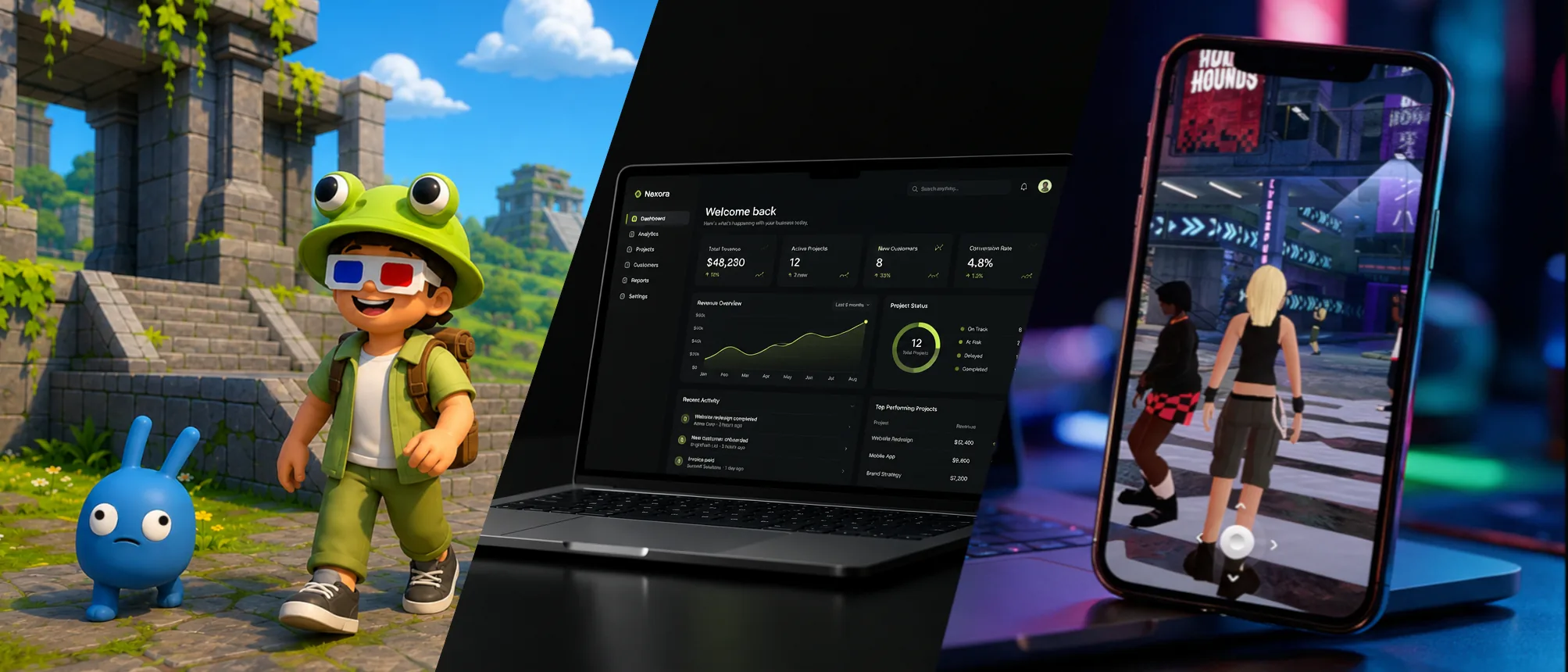 Three panels of work: a 3D game character in a jungle ruin, a business dashboard open on a laptop, and an AR mobile game overlaying characters on a real street