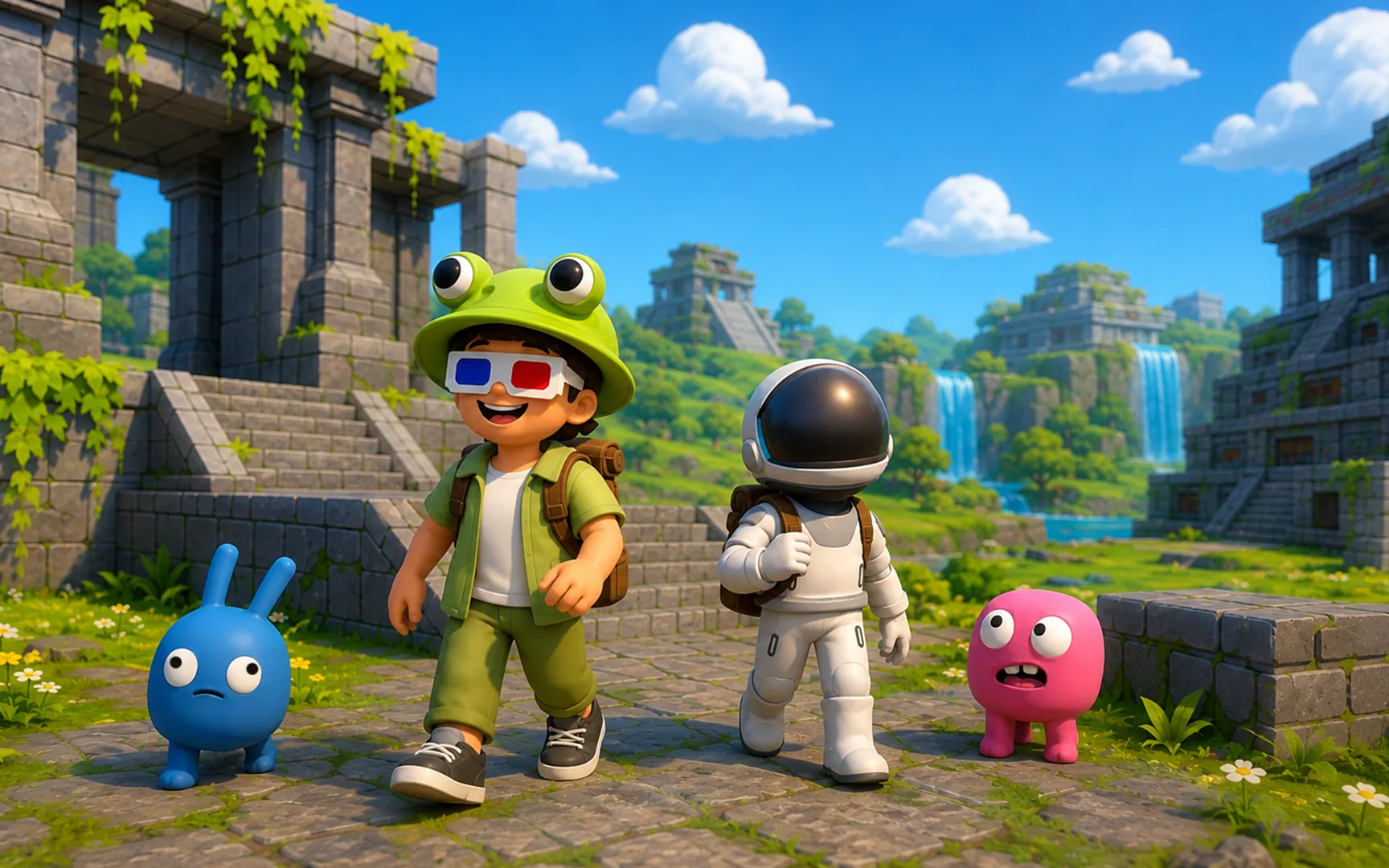 In-game render: a student's island build with a challenge marker