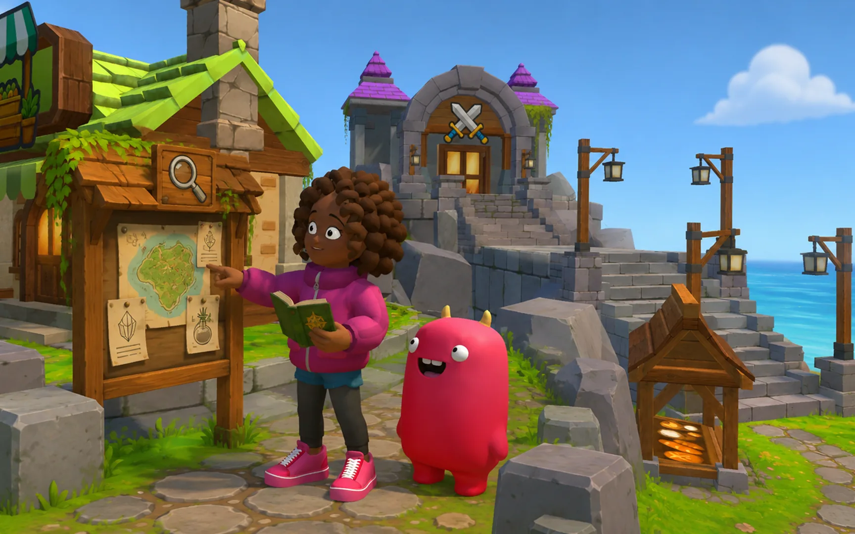 In-game render: a puzzle challenge in progress on a student's island