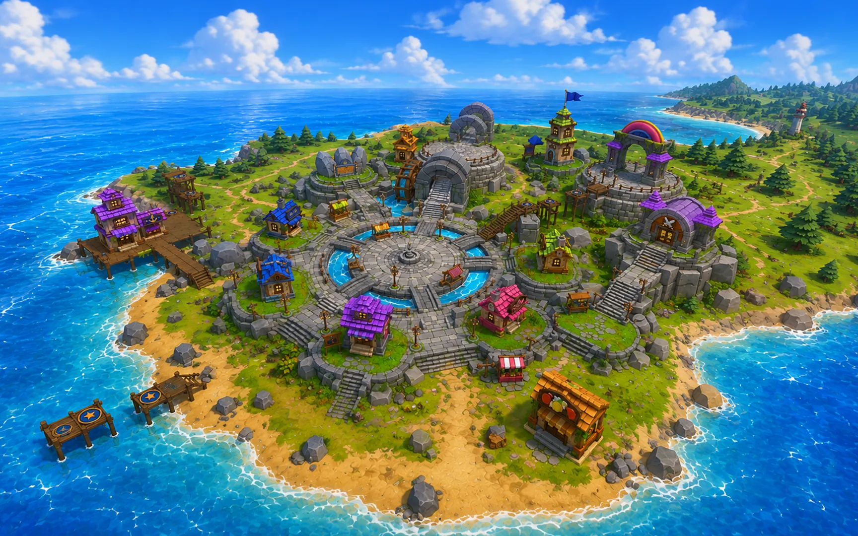In-game render: a close-up of a decorated island build