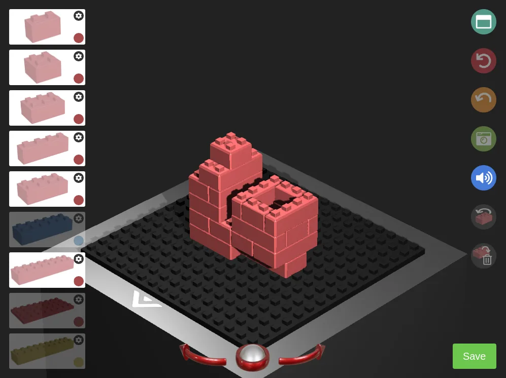 A 3D LEGO brick construction being built in a virtual construction tool, with a library of brick shapes down the side