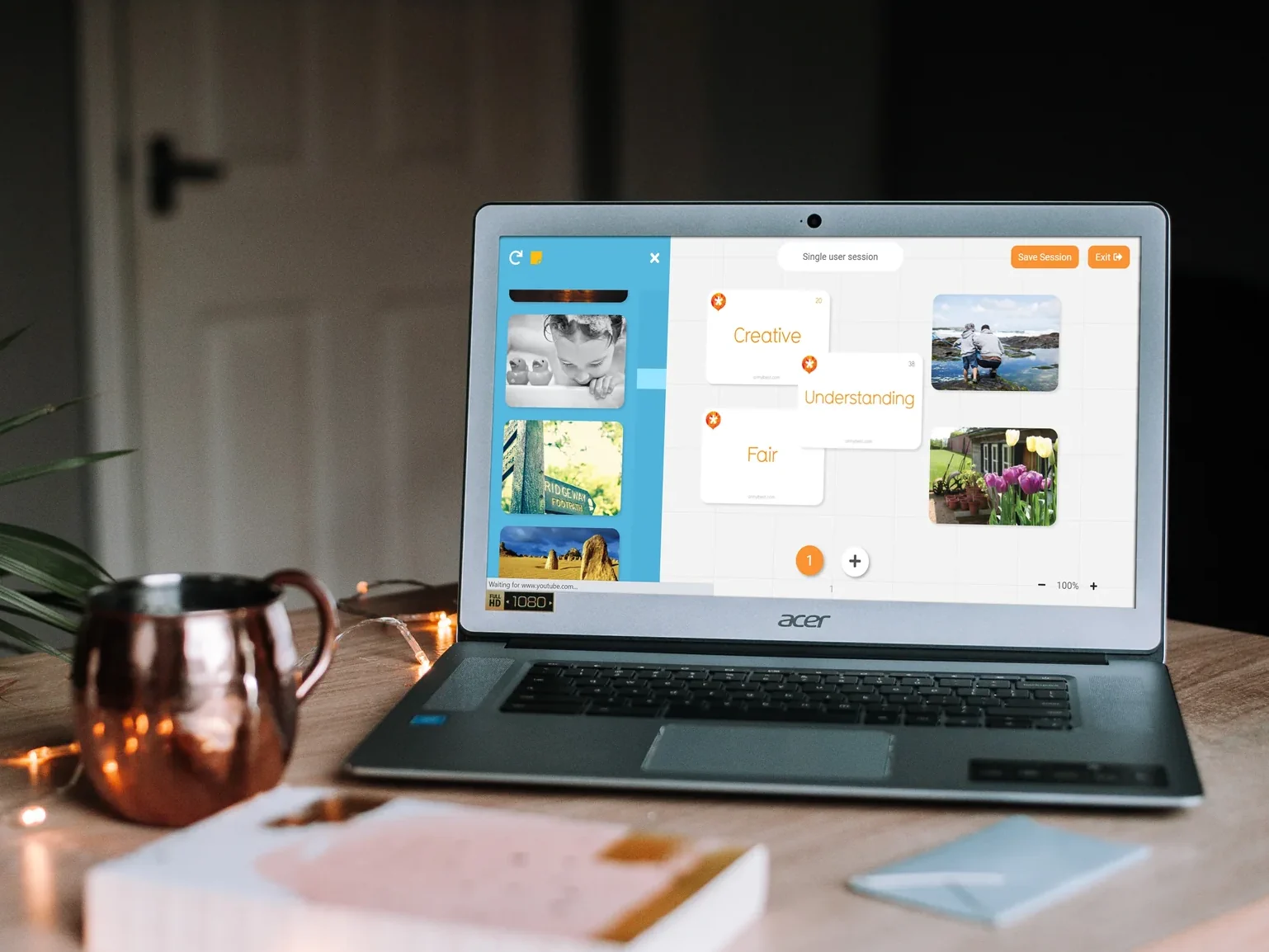 A laptop showing the Deckhive interface, with conversation cards and connected photos on screen