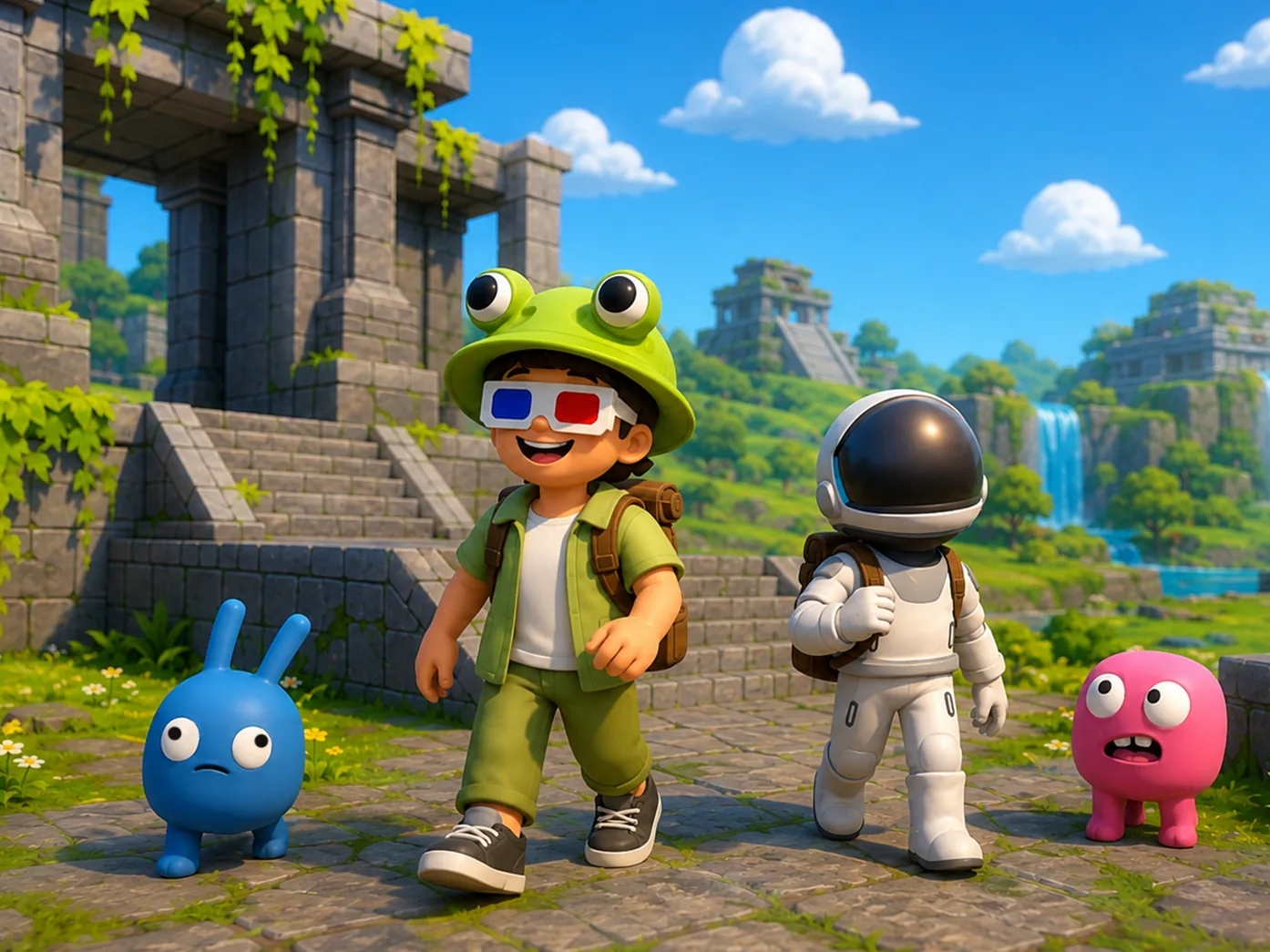 An explorer character with a backpack and 3D glasses, walking with a small blue creature through ancient ruins