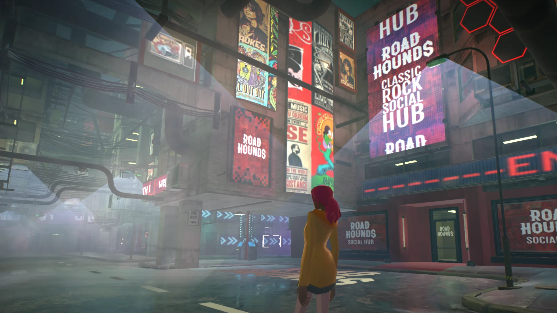 An avatar standing in a neon-lit virtual street lined with gig posters and "Road Hounds" signage