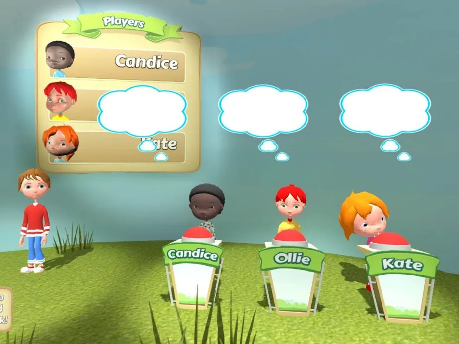 Animated pupils competing at question podiums in a colourful outdoor classroom scene