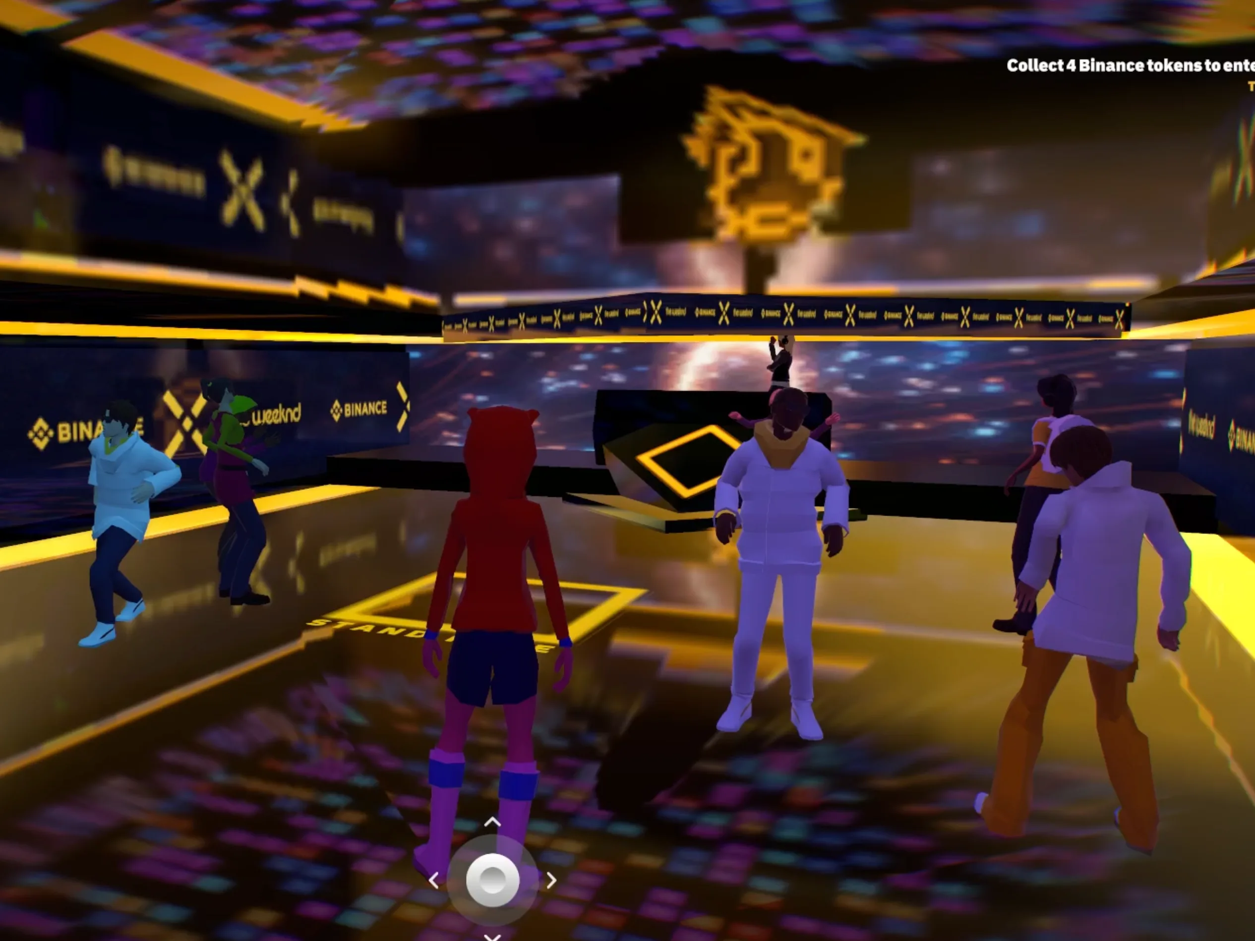 Avatars dancing together in a gold-and-purple branded virtual venue for a global tour promotion