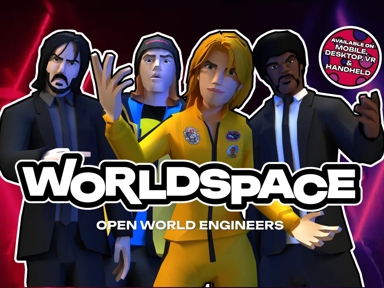 A branded Worldspace poster showing four stylised 3D characters under the tagline "Open World Engineers"