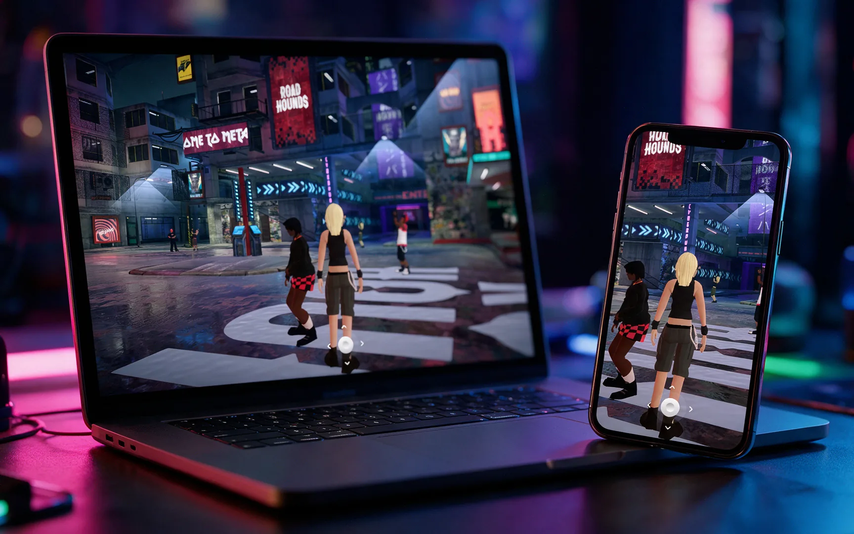 In-game render: a virtual event stage with avatars in the audience