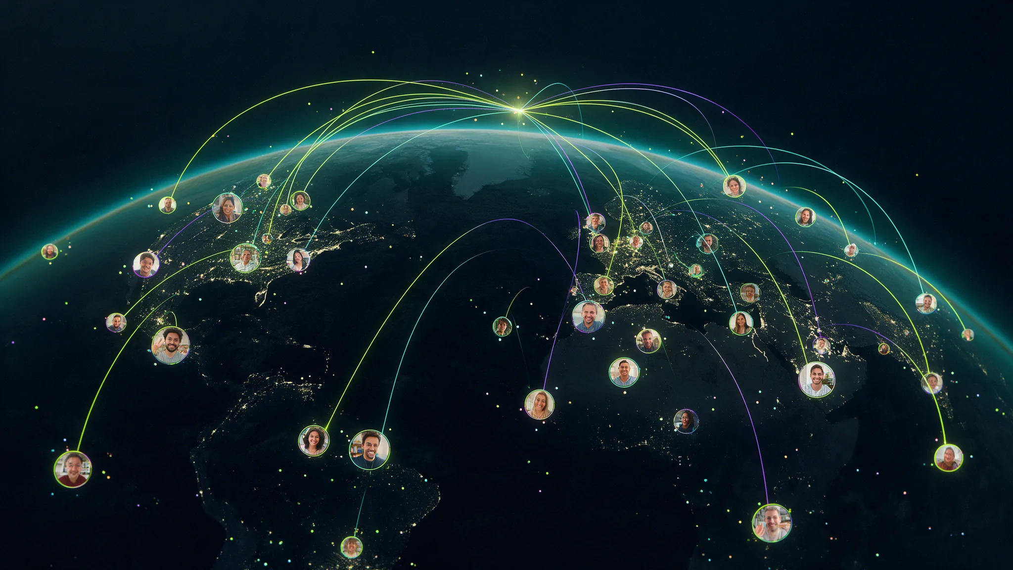 In-game render: a crowd of avatars networking in a lobby space
