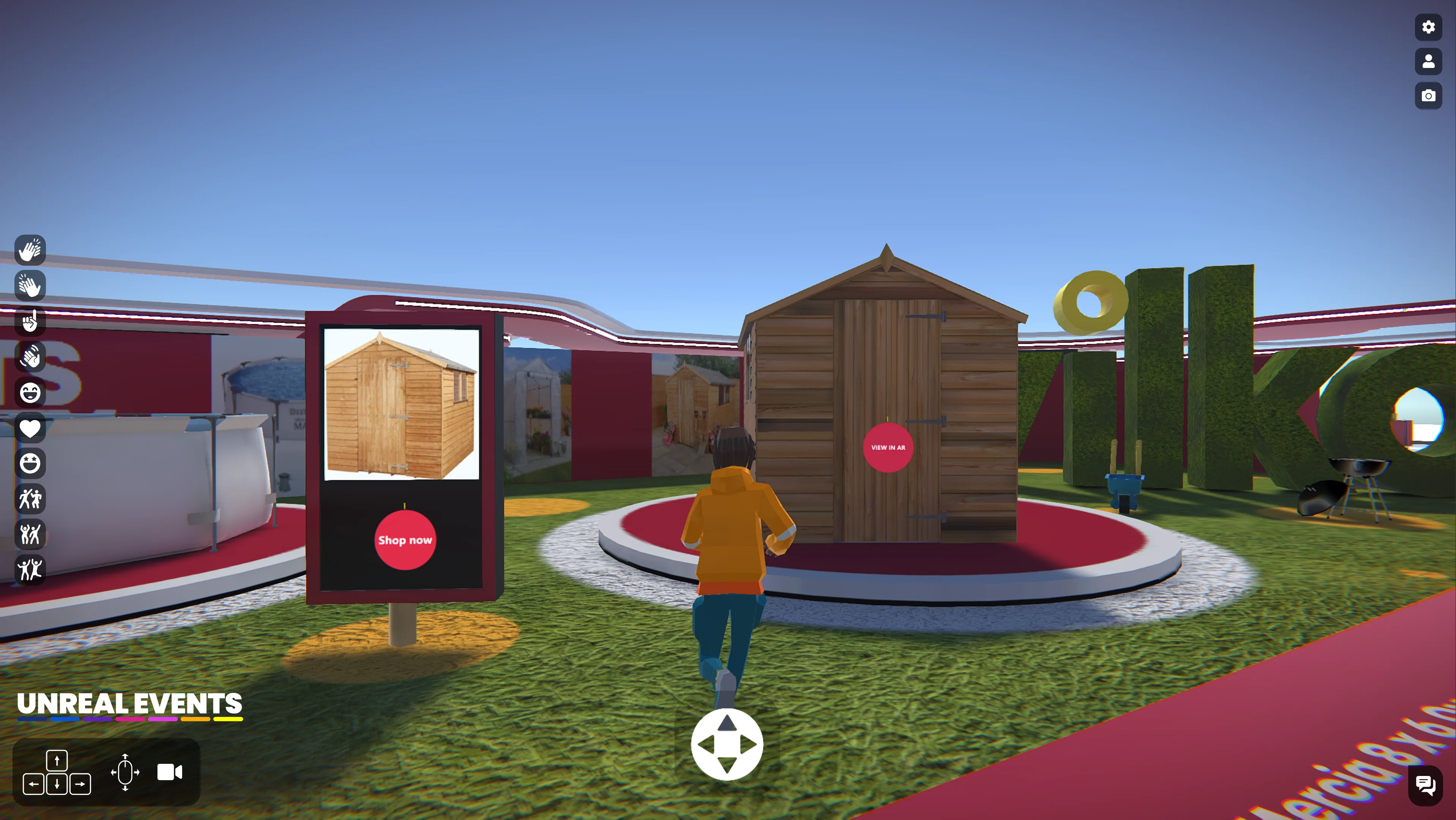 In-game render: a wide shot of a branded virtual expo hall